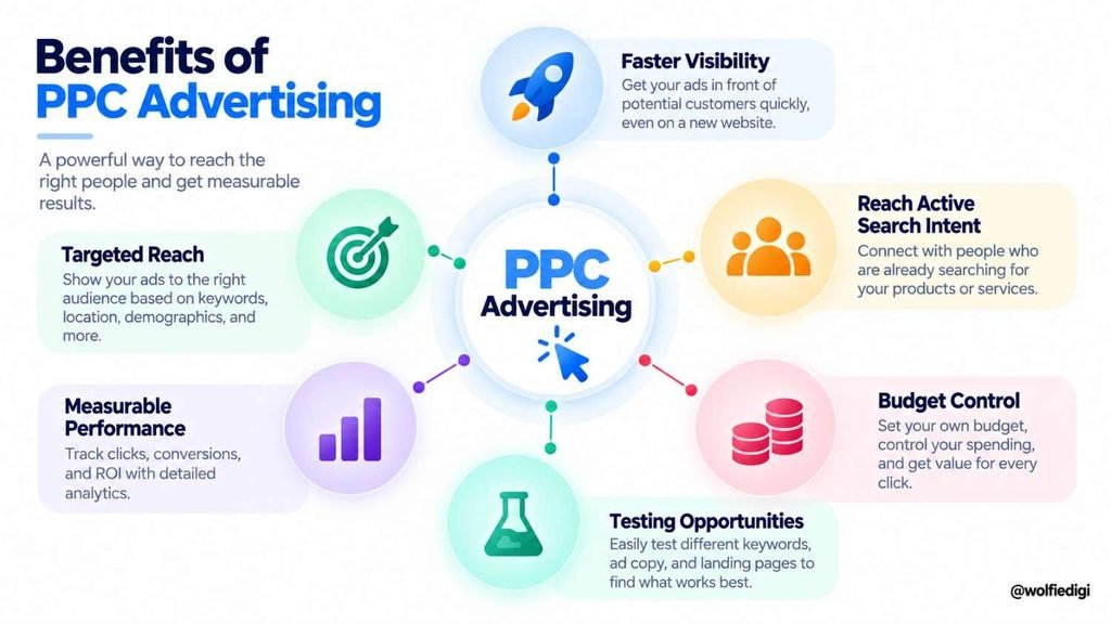 What Is PPC Advertising in Digital Marketing? How It Works, Benefits & Campaigns 4 Benefits of PPC advertising including targeted reach and measurable performance