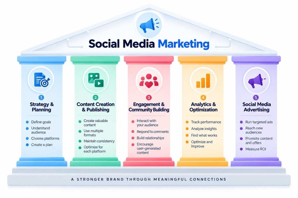 Features of Social Media Marketing: Key Features, 5 Pillars & Beginner Steps 3 Five pillars of social media marketing
