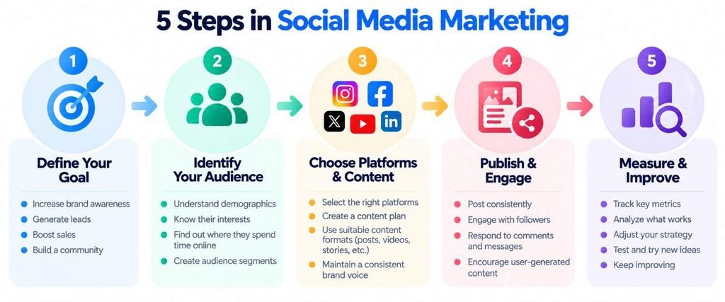 Features of Social Media Marketing: Key Features, 5 Pillars & Beginner Steps 4 Five steps in social media marketing