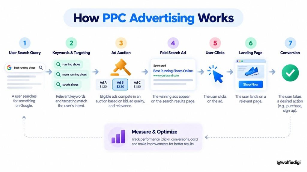 What Is PPC Advertising in Digital Marketing? How It Works, Benefits & Campaigns 2 PPC advertising process from search query to conversion