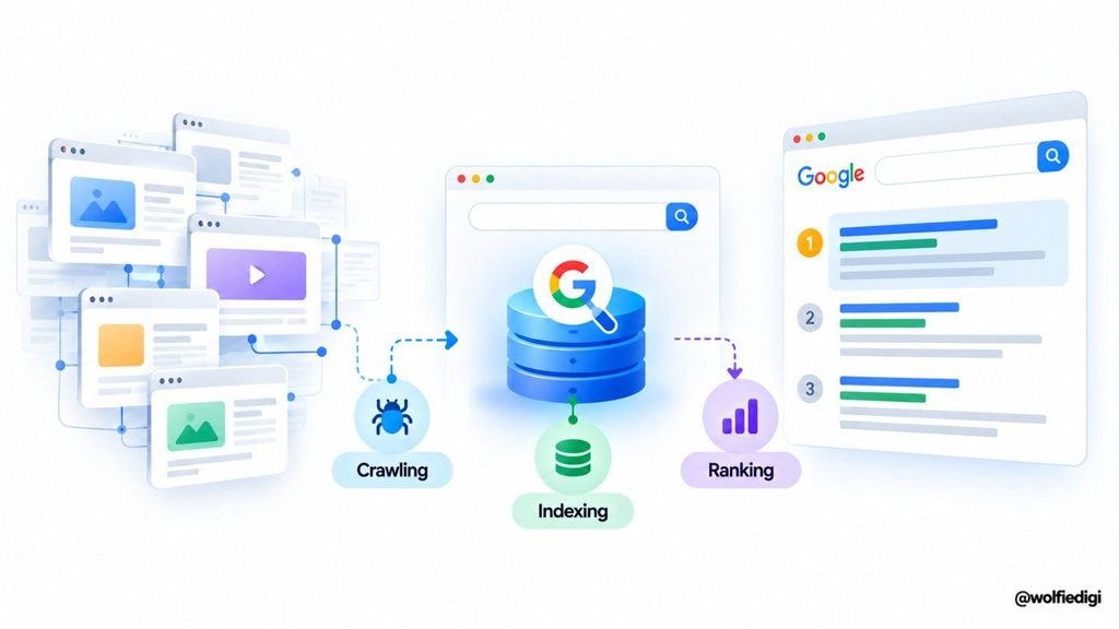 How Search Engines Work: Crawling, Indexing & Ranking 1 How search engines work through crawling, indexing, ranking, and search results