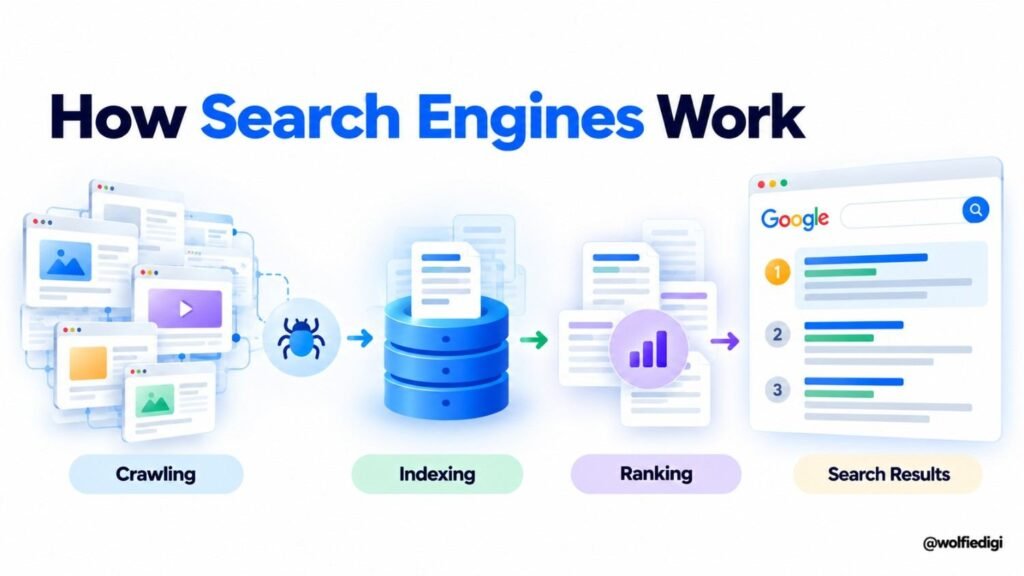 How search engines work through crawling, indexing, ranking, and search results