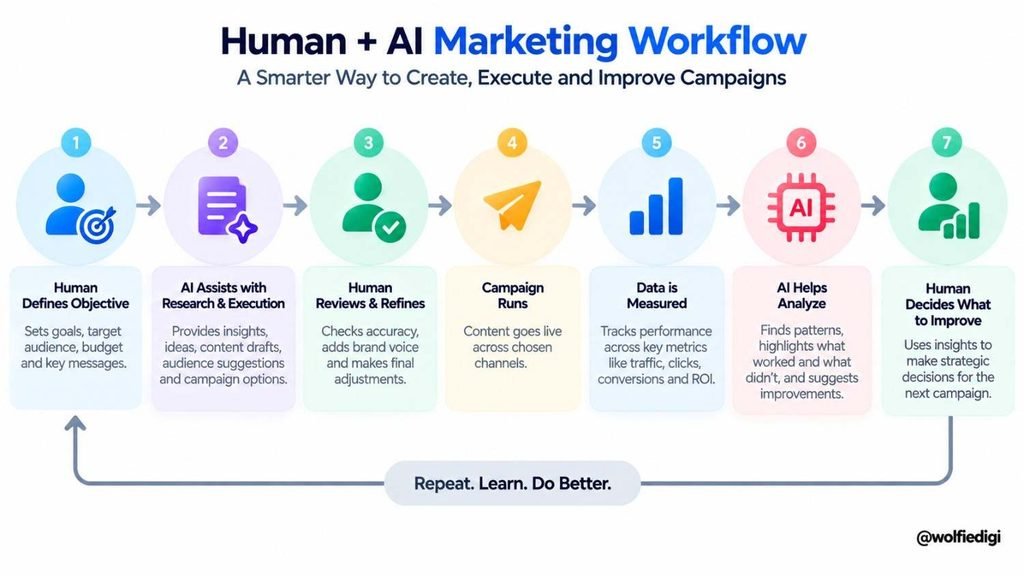 The Role of Artificial Intelligence in Digital Marketing: Uses, Examples & Tools 5 Human + AI Marketing Workflow