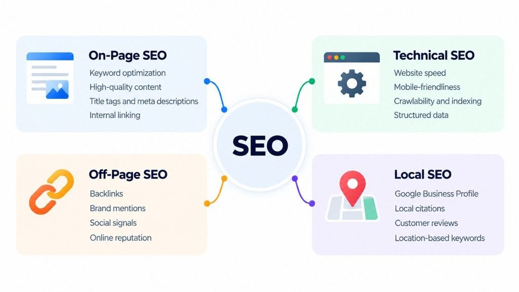 Main areas of SEO including on-page technical off-page and local SEO