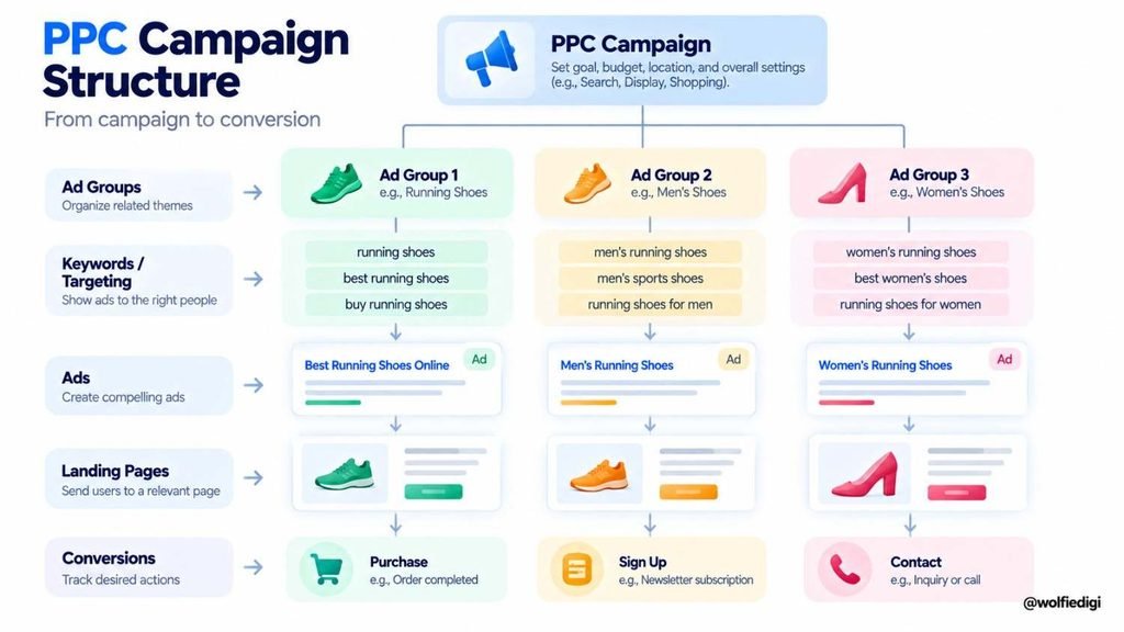 What Is PPC Advertising in Digital Marketing? How It Works, Benefits & Campaigns 3 PPC advertising process from search query to conversion