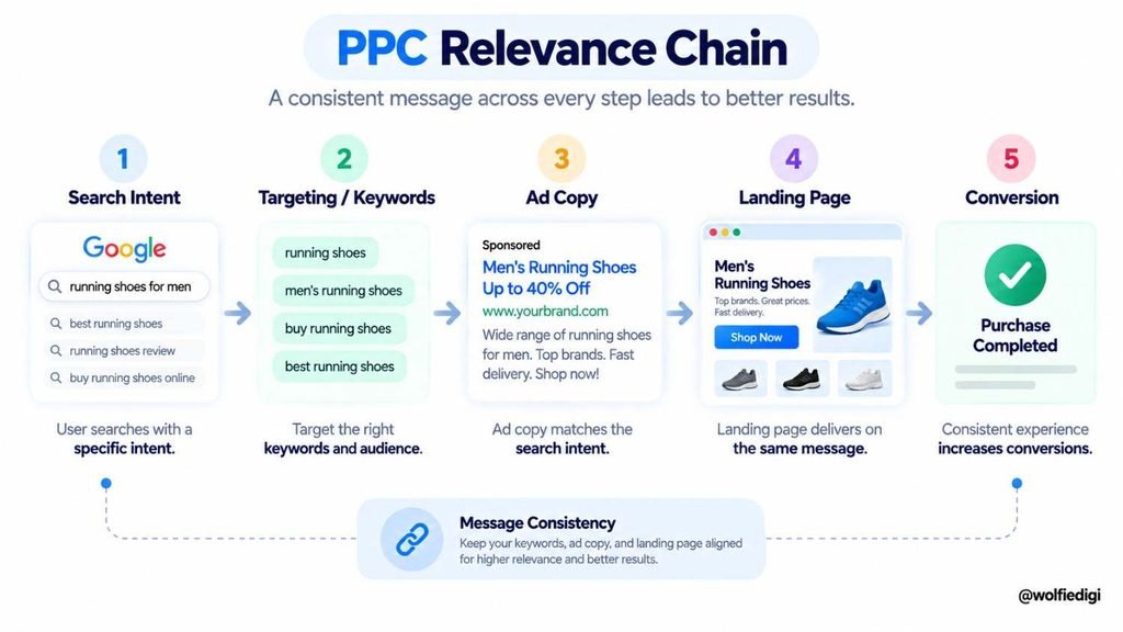 What Is PPC Advertising in Digital Marketing? How It Works, Benefits & Campaigns 5 PPC relevance chain from search intent to targeting ad copy landing page and conversion