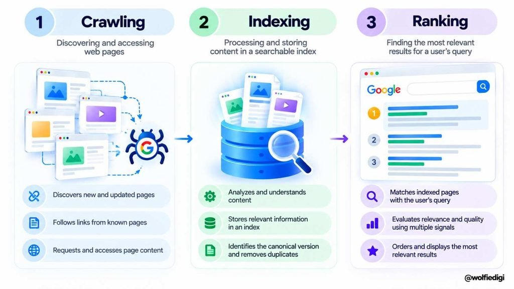 How Search Engines Work: Crawling, Indexing & Ranking 2 Comparison of crawling, indexing, and ranking in search engines