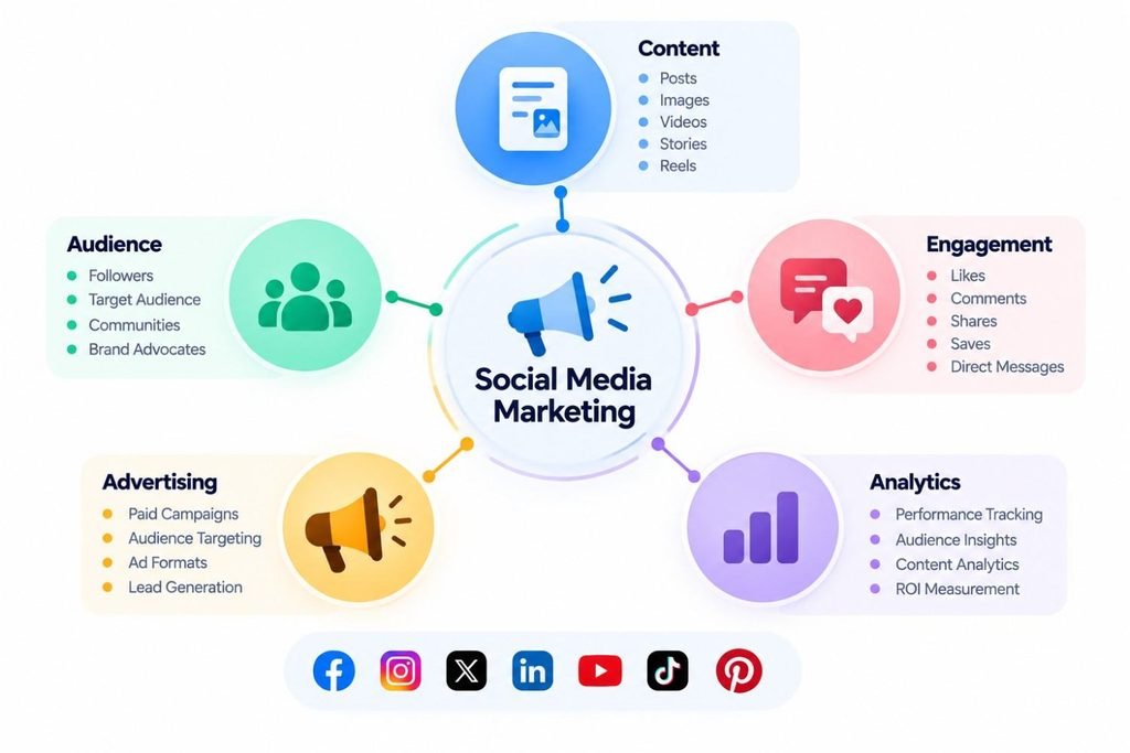 Features of Social Media Marketing: Key Features, 5 Pillars & Beginner Steps 1 Social media marketing ecosystem showing content audience engagement advertising and analytics