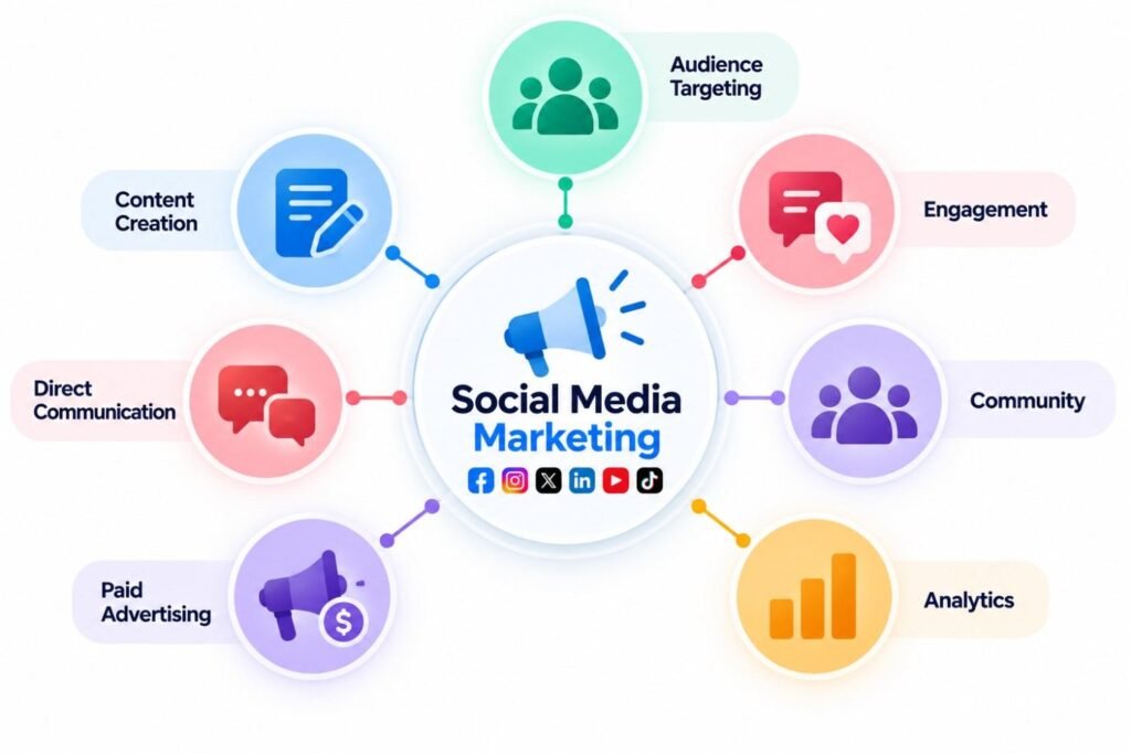 Social media marketing features including targeting content engagement community analytics and advertising